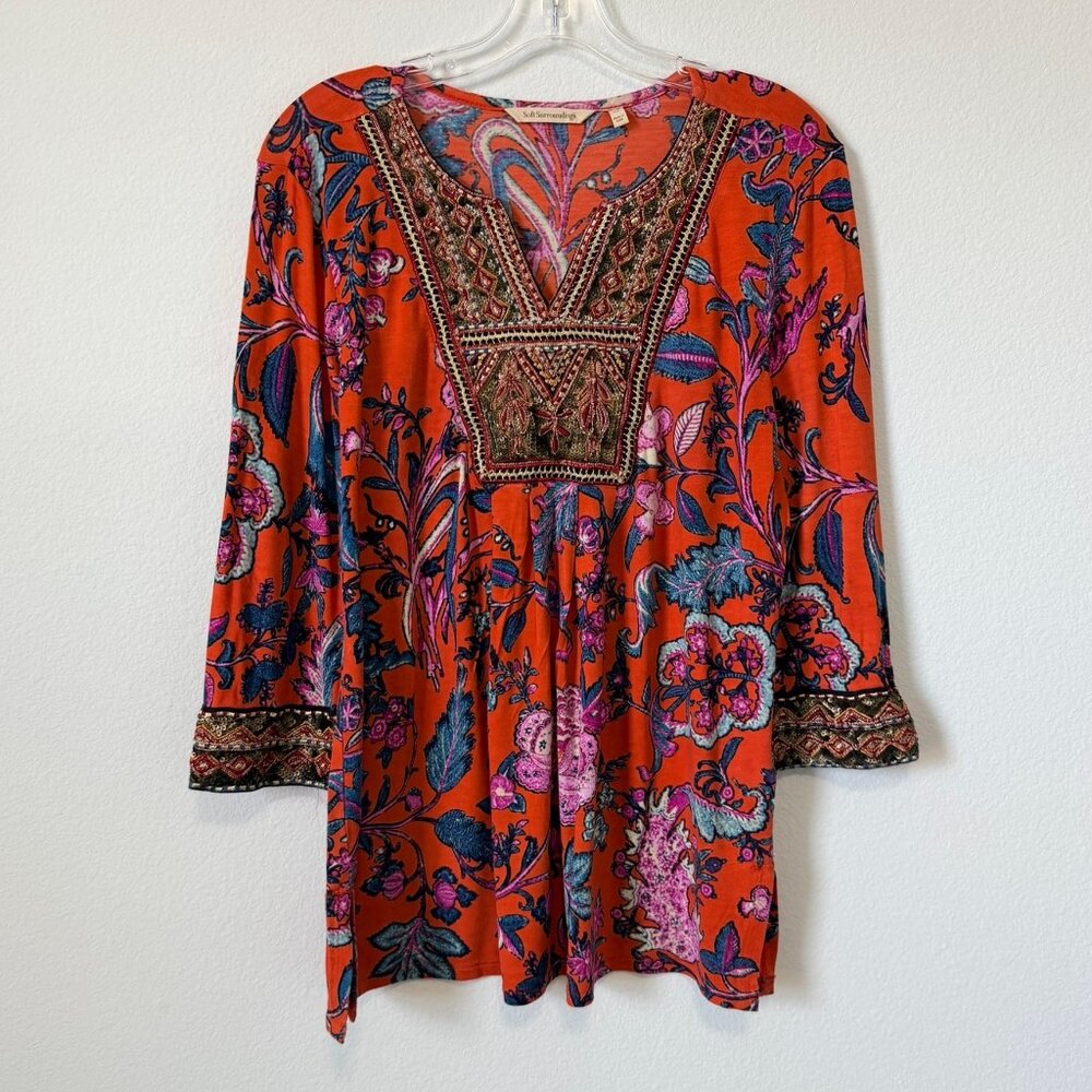 Soft Surroundings Orange Floral Embroidered V-Neck Blouse